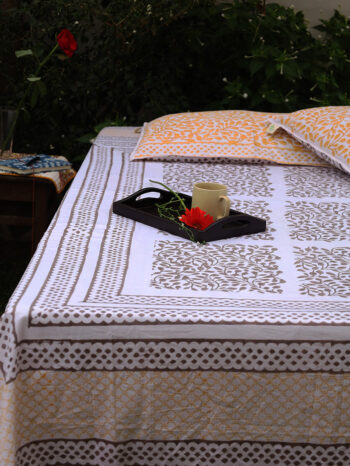 Kalaaai Brown and white minimalist deign hand block print bed sheet - jeev