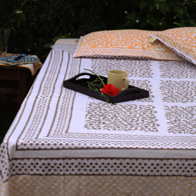 Kalaaai Brown and white minimalist deign hand block print bed sheet - jeev