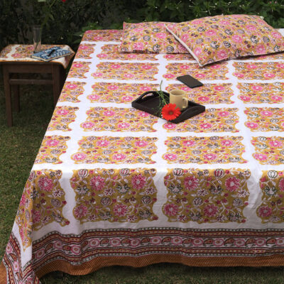 Kalaaai Chaukas bed sheet for king size bed. Organic cotton 400 tc hand block printed in India
