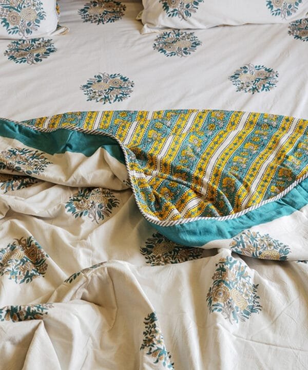 Organic cotton ac quilt reversible ethnic double bed white and turquoise for comfortable princely home décor