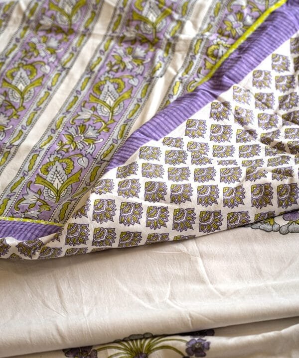 Purple and white reversible hand block printed ac quilt for double bed