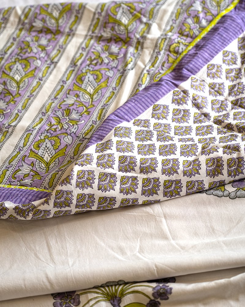 Purple and white reversible hand block printed ac quilt for double bed