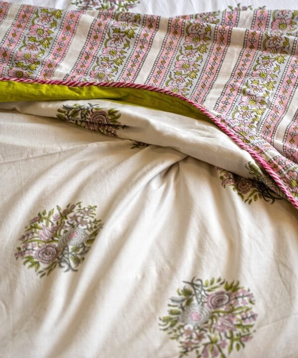 PInk and green ac quilt reversible ethnic block print design organic cotton