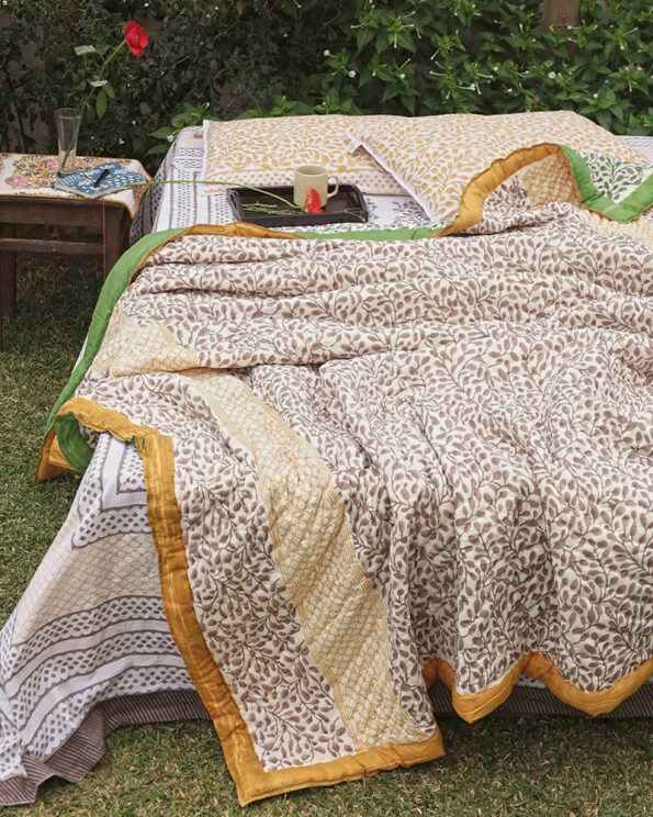 Kalaaai green and ochre organic cotton jaipuri razai