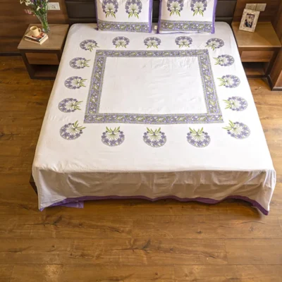 Kalaai Purple and white elegant hand block print organic cotton bed sheet