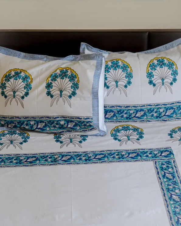 KAlai king size hand block print organic cotton bed sheet set in blue and white color