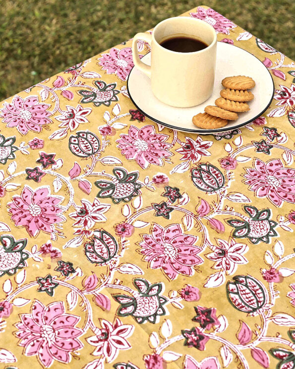 Kalaaai table cloth in ochre yellow with beautiful ethnic floral print