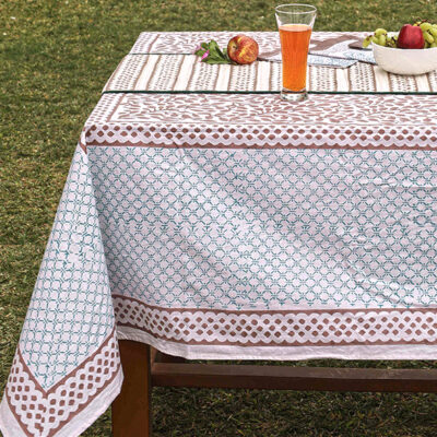 Handcrafted floral table cloth in brown and blue, block print table linens for sustainable dining décor. Premium Home Décor