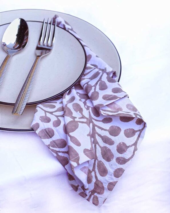 Kalai Dinner Napkin brown and white hand block print on organic cotton
