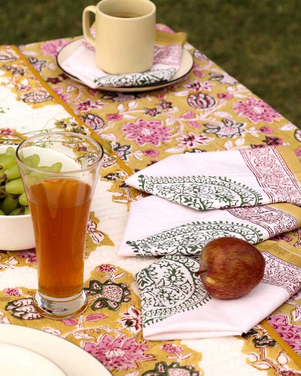 Kalaaai yellow ochre dinner napkins in ethnic hand block print from jaipur in toxin free dyes and organic cotton fabric