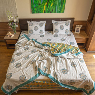 Exquisite cotton dohar teal and yellow in organic cotton with hand block print, reversible, lightweight design