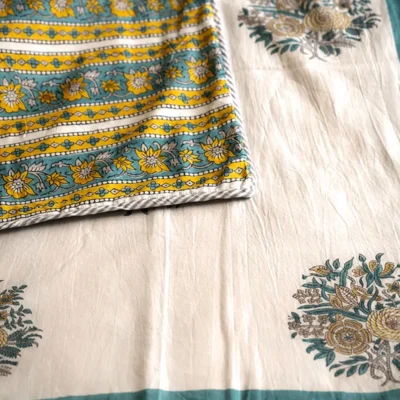 Exquisite cotton dohar teal and yellow in organic cotton with hand block print, reversible, lightweight design