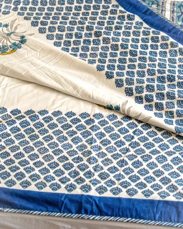 Royal blue and white ndian floralboota ac blanket. reversible, washable