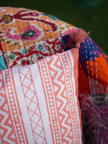 Victory Stripes - Organic Cotton Cushion Cover with Peach Pom Poms