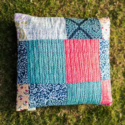 Upcycled Kantha patchwork block print cushion covers in 100% cotton, handcrafted reversible square cushion. Most Loved Cushions from India