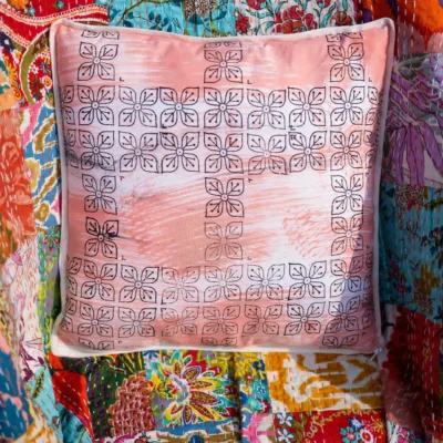 Plaid design peach color cushion cover Chokhi with Sanganeri hand block print and soft breathable cotton fabric. Reversible. Gift for mom.