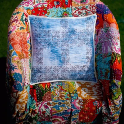 Handcrafted plaid cushion cover Chokhi in blue organic cotton with hand block printed daisy design. House Warming Gift.