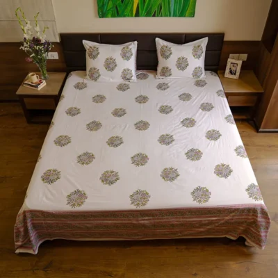 Hand block-printed Minimalist, Artisan-made, Organic Cotton king-size Bed sheet with two matching pillow cases that are reversible with different designs on each side