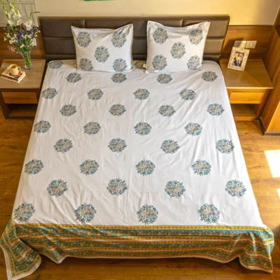 Durable king size block print bedsheet with colorfast organic cotton material. Exqusite Wedding gift