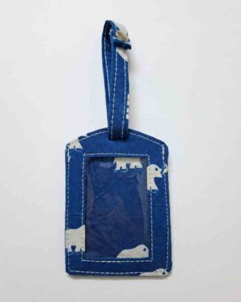 Sustainable upcycled luggage tag in blue colour hand block print fabric by India's most authentic manufacturer, kalaaai studio