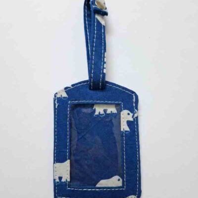 Sustainable upcycled luggage tag in blue colour hand block print fabric by India's most authentic manufacturer, kalaaai studio