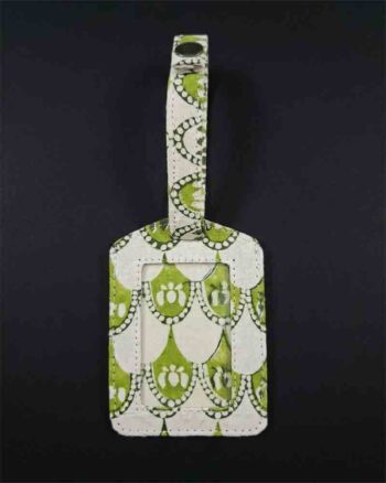 Sustainable upcycled luggage tag in green and white colour hand block print fabric by India's most authentic manufacturer, kalaaai studio