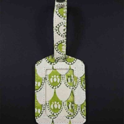 Sustainable upcycled luggage tag in green and white colour hand block print fabric by India's most authentic manufacturer, kalaaai studio