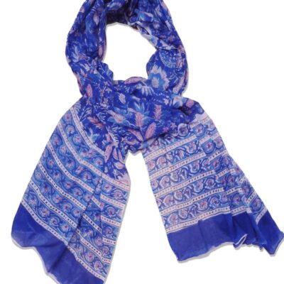 Hand block printed mul mul cotton scarf in Deep Blue Colour. Lightweight mul mul cotton scarf with artisan hand bloc print. Soft breathable cotton scarf handcrafted in India. Toxin-free hand block printed cotton scarf for sensitive skin.