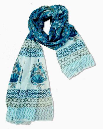 Hand block printed mul mul cotton scarf in sky Blue Colour. Lightweight mul mul cotton scarf with artisan hand bloc print. Soft breathable cotton scarf handcrafted in India. Toxin-free hand block printed cotton scarf for sensitive skin.