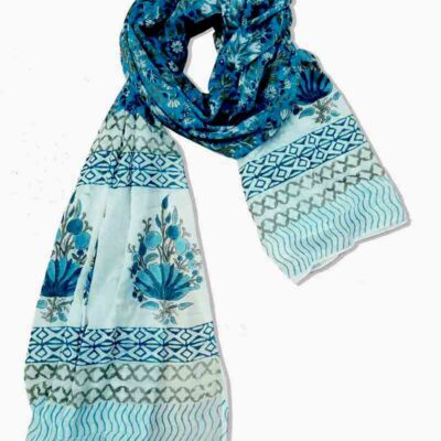 Hand block printed mul mul cotton scarf in sky Blue Colour. Lightweight mul mul cotton scarf with artisan hand bloc print. Soft breathable cotton scarf handcrafted in India. Toxin-free hand block printed cotton scarf for sensitive skin.