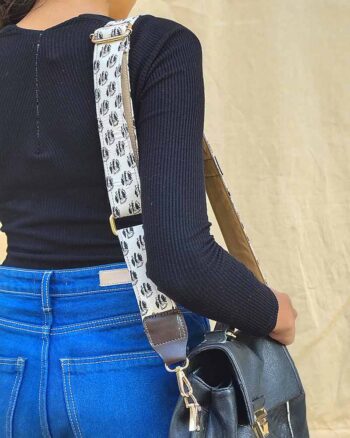 Handcrafted black and white upcycled bag belt with adjustable strap detailing by India's most authentic block print manufacturer, Kalaaai studio