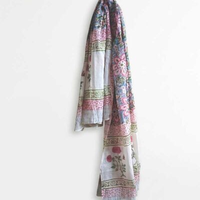 Hand block printed mul mul cotton scarf in sky Blue Colour. Lightweight mul mul cotton scarf with artisan hand bloc print. Soft breathable cotton scarf handcrafted in India. Toxin-free hand block printed cotton scarf for sensitive skin.