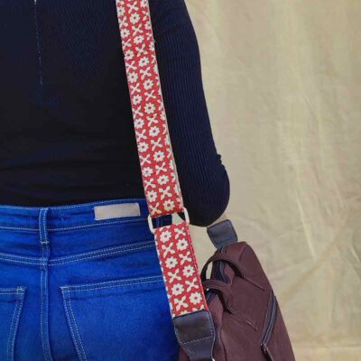 Handcrafted red coloure upcycled bag belt with adjustable strap detailing by India's most authentic block print manufacturer, Kalaaai studio