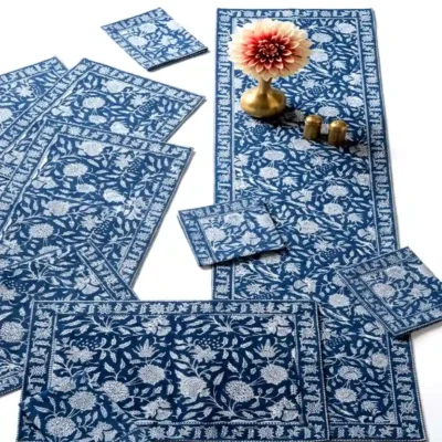 Blue Table Linen Set in Floral Design with six hand block printed cotton table mats, six coordinated napkins and matching table runner handcrafted by Kalaaai Jaipur