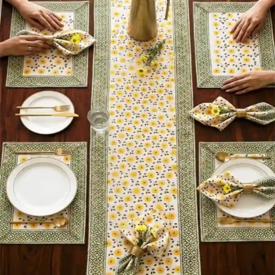 Elegant dining table styled with Yellow Floral Table Linen Set by Kalaaai Jaipur for everyday dining and festive table settings